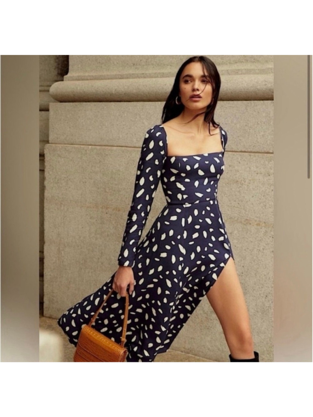 REFORMATION Sigmund Midi Dress Navy Blue Splatter Polka Dot Coquette NWT 6P - Picture 2 of 11